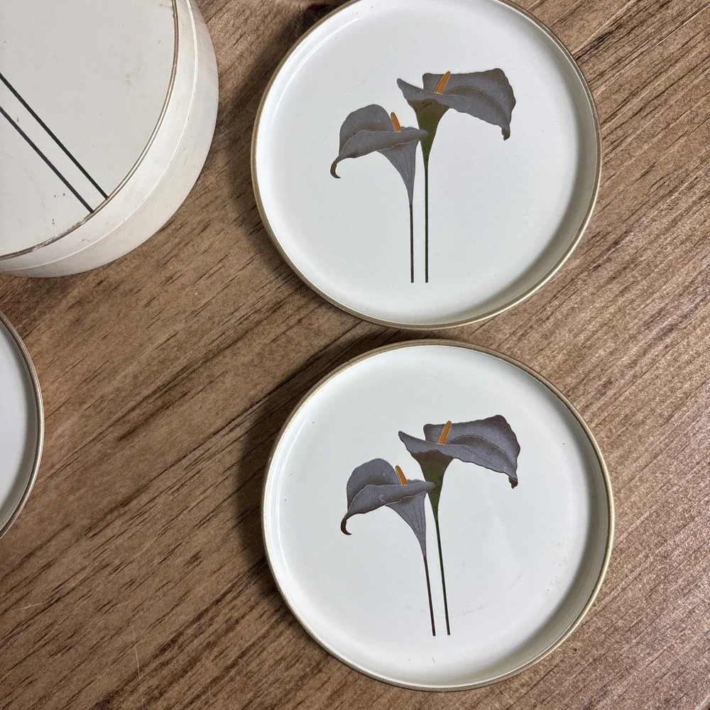 Vintage Otagiri Set 6 Coasters Lacquered Box Golden Calla Japan‎ Chopstick Rest